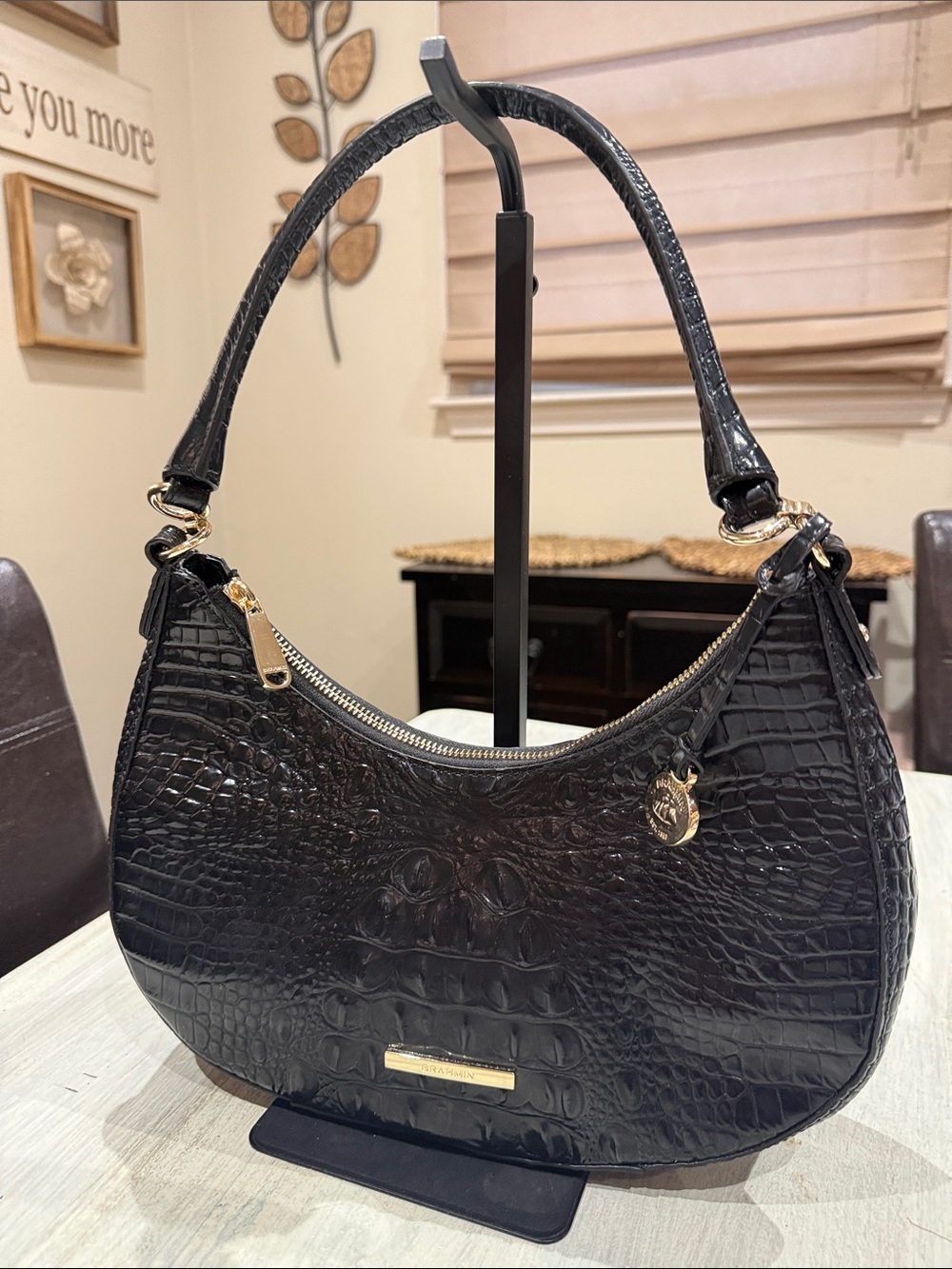 Brahmin Small Bekka Black Melbourne Croc-Embossed Hobo Shoulder Bag